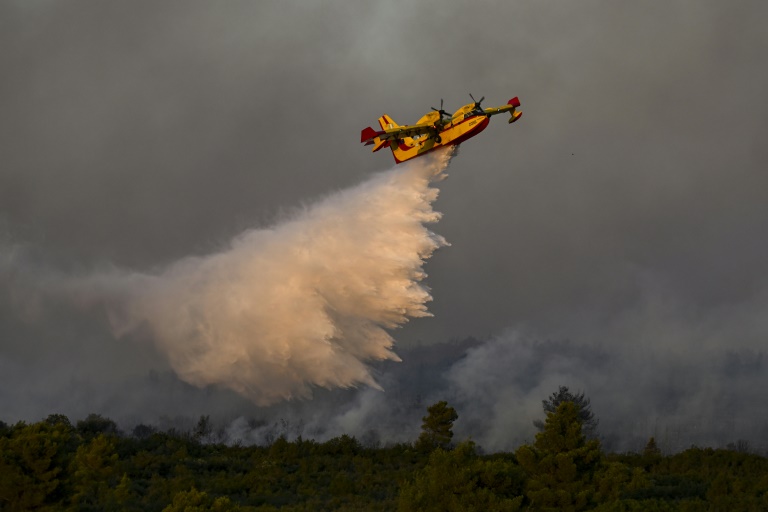 Αεροσκάφος Canadair ρίχνει φορτίο νερού σε δασική πυρκαγιά στο Πουρνάρι, κοντά στην Αθήνα, στις 18 Ιουλίου 2023 (AFP - Άρης Μεσσήνης)