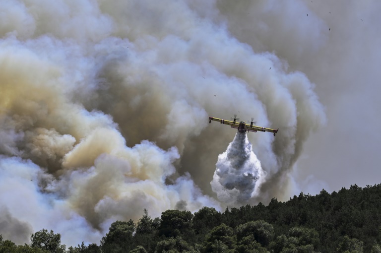 Αεροσκάφος Canadair ρίχνει φορτίο νερού σε δασική πυρκαγιά στα Δερβενοχώρια, βορειοδυτικά της Αθήνας, στις 19 Ιουλίου 2023 (AFP - Σπύρος ΜΠΑΚΑΛΗΣ)