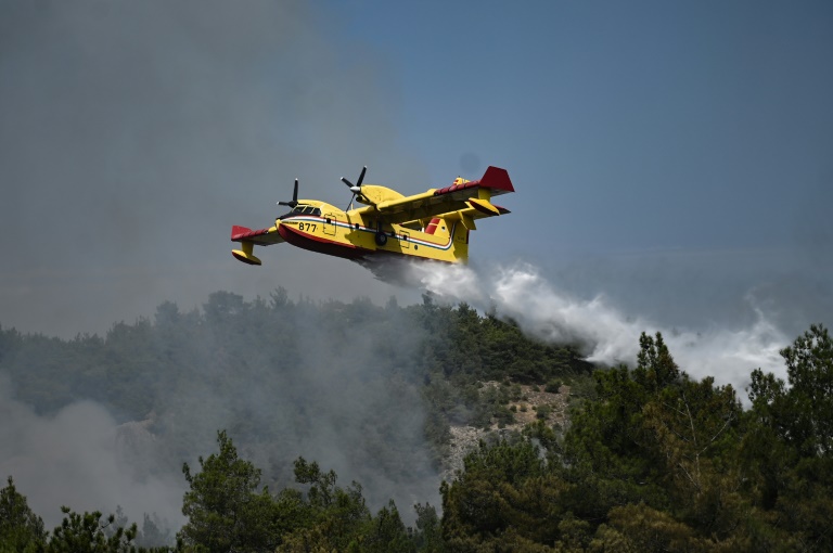 Ένα Canadair ρίχνει το φορτίο του με νερό πάνω από το πυρόπληκτο δάσος της Δαδιάς στην Ελλάδα στις 24 Αυγούστου 2023 (AFP - Σάκης Μητρολίδης)